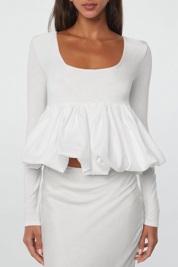 White U Neck Long Sleeve Bubble Hem Top Online Sale