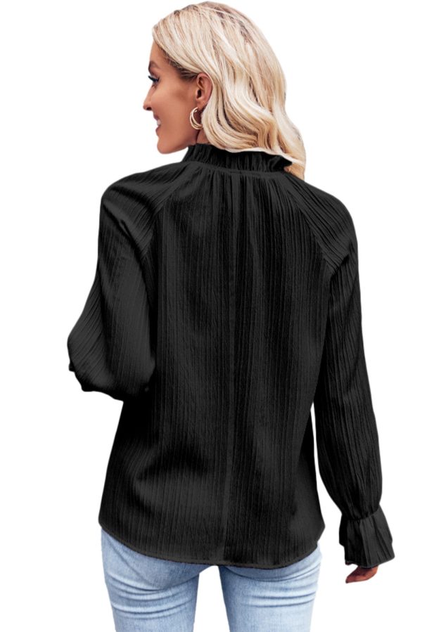 Black Frilled Mock Neck Ripple Bubble Sleeve Blouse Discount