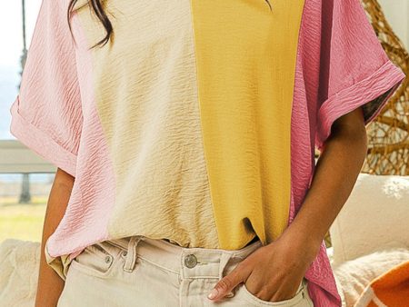 Apricot Crinkled Colorblock Patchwork V Neck T Shirt Online Hot Sale