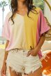 Apricot Crinkled Colorblock Patchwork V Neck T Shirt Online Hot Sale