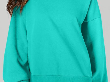 Aruba Blue Solid O Neck High Low Hem Pullover Sweatshirt Cheap