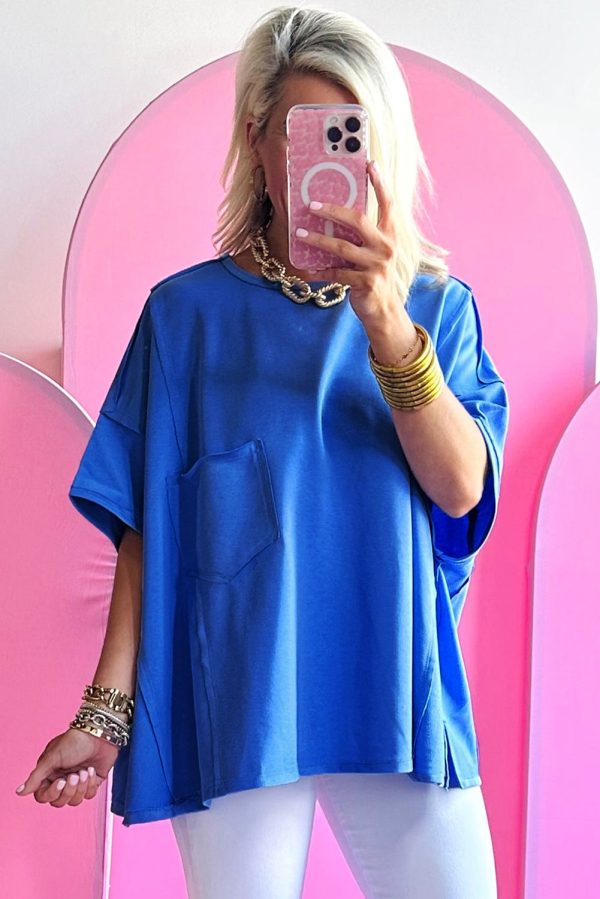 Blue Patched Pocket Exposed Seam Oversize T-shirt For Cheap