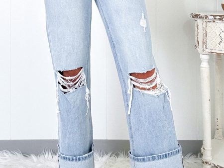 Beau Blue Light Wash Distressed Flare Jeans on Sale