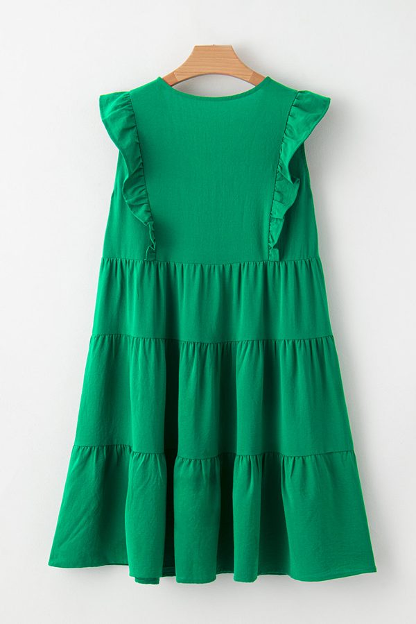 Bright Green Solid Color V Neck Ruffle Tiered Mini Dress Online Hot Sale