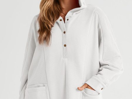 White Patchwork Side Pockets Oversized Henley Hoodie Cheap