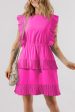 Bright Pink Solid Color Pleated Layered Flutter Mini Dress Cheap