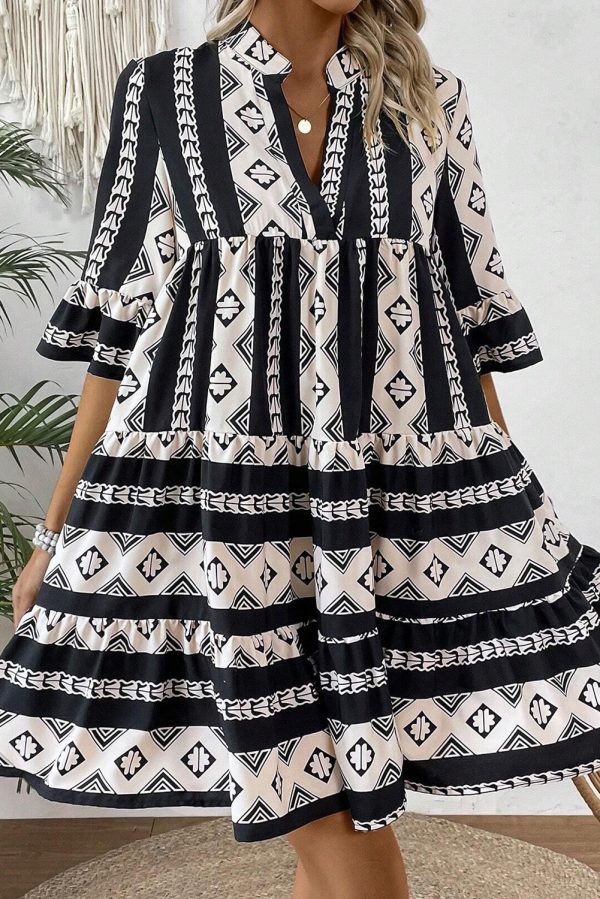 Black Geometric Print V Neck Ruffled Dress Sale