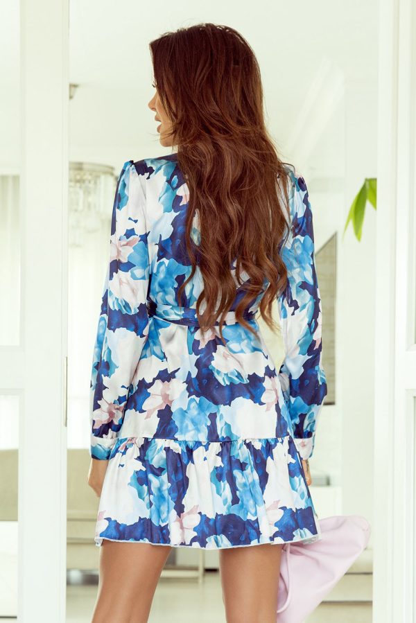 Blue Abstract Floral Long Sleeve Tied Ruffle Dress Sale