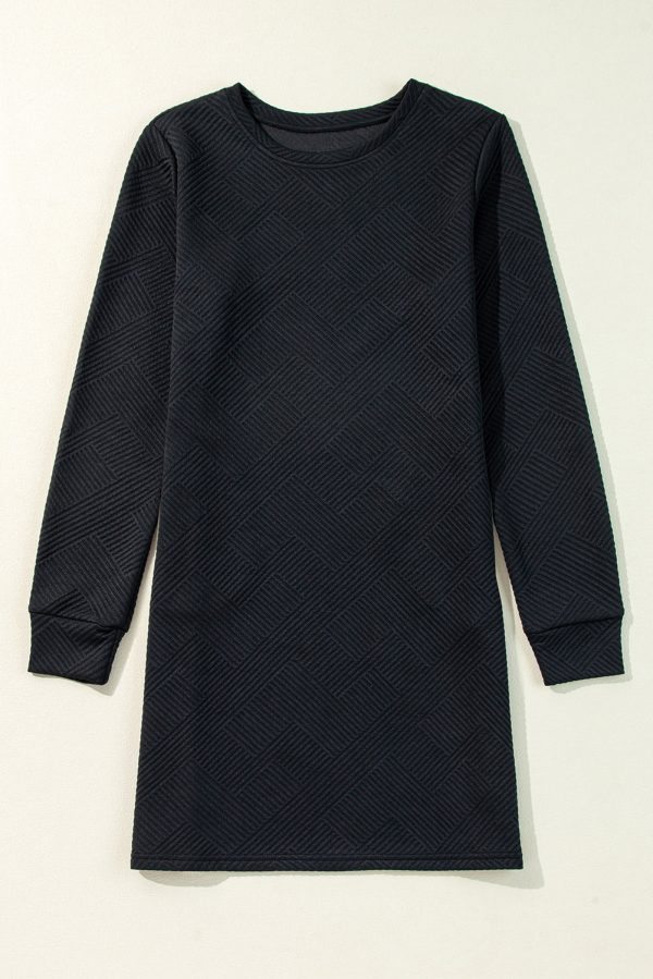 Black Solid Color Textured Long Sleeve Shift Dress Fashion