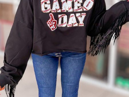 Black GAME DAY Rugby Sequined Tasseled Cropped Sweatshirt Hot on Sale