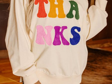 Apricot THANKS Chenille Embroidered Drop Shoulder Graphic Sweatshirt Sale