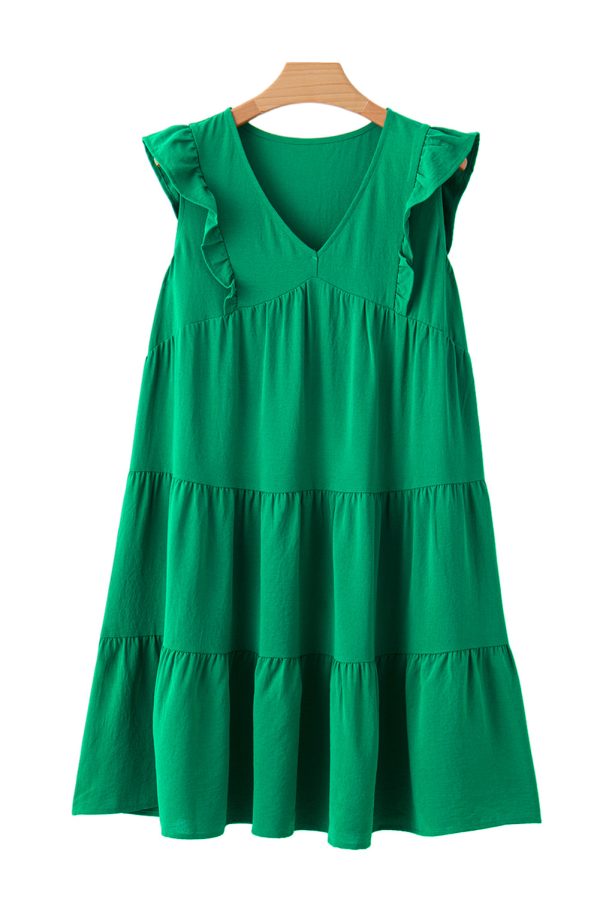 Bright Green Solid Color V Neck Ruffle Tiered Mini Dress Online Hot Sale