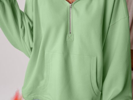 Smoke Green Fleece Lined Half Zipper Kangaroo Pockets Loose Hoodie on Sale