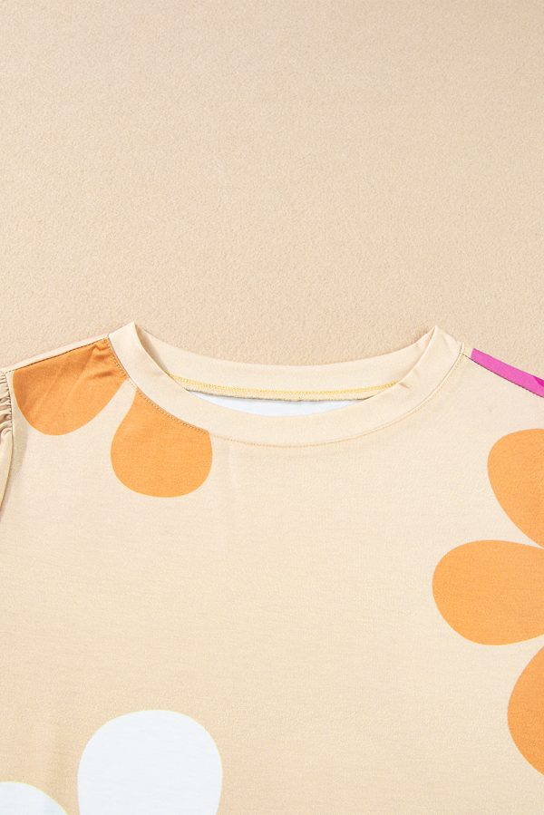 Apricot Flower Print Bubble Sleeve Tee Sale