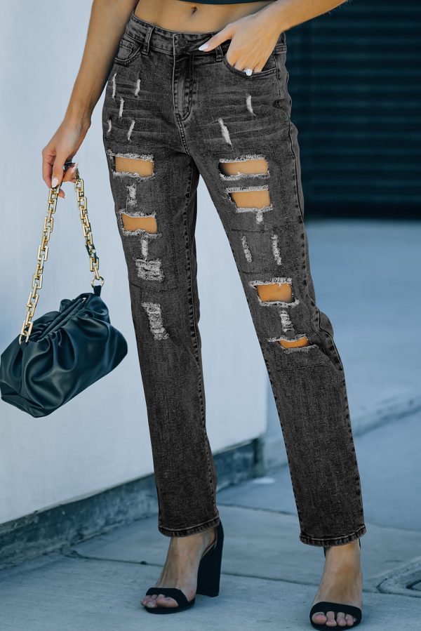 Gray Buttoned Pockets Distressed Jeans Sale