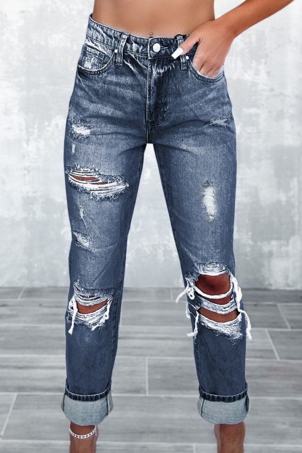 Navy Blue Light Wash Frayed Slim Fit High Waist Jeans Online now