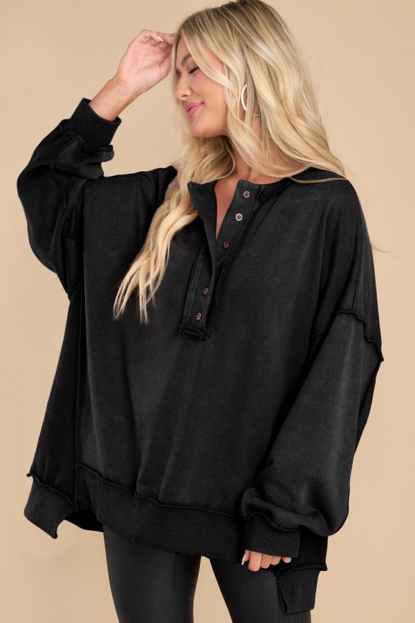 Black Oversized Exposed Seam Henley Sweatshirt Online Hot Sale