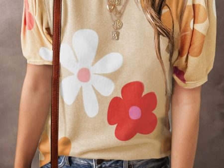 Apricot Flower Print Bubble Sleeve Tee Sale