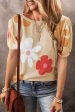 Apricot Flower Print Bubble Sleeve Tee Sale