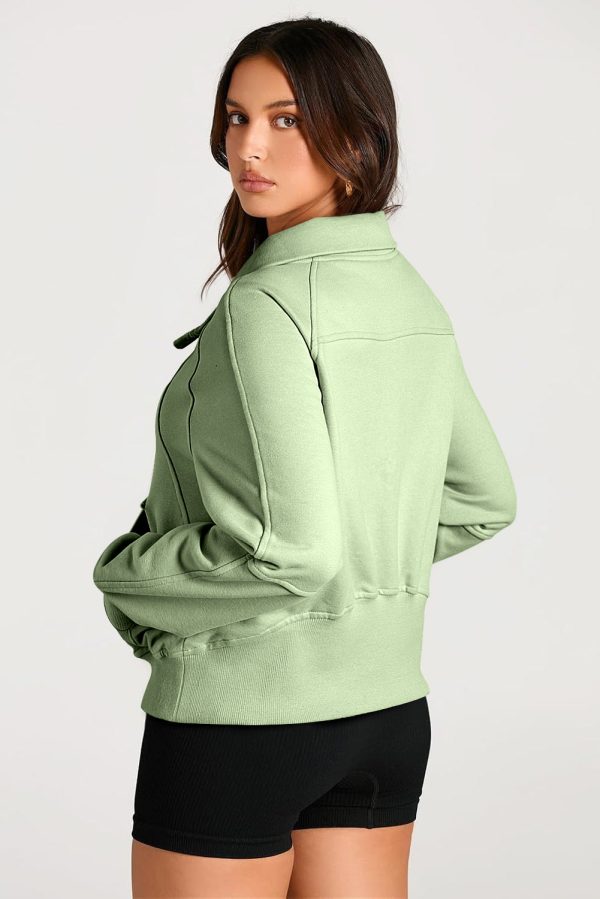 Smoke Green Quarter Zip Stand Neck Kangaroo Pocket Sweatshirt For Discount