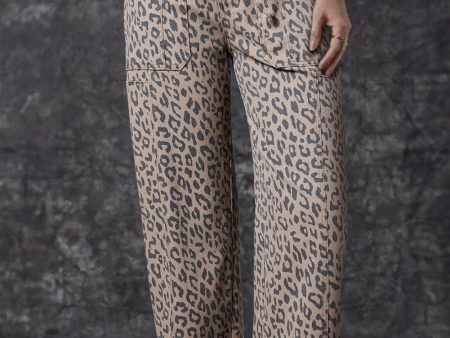 Khaki Leopard Printed Drawstring Waist Pocketed Wide Leg Jeans Fashion