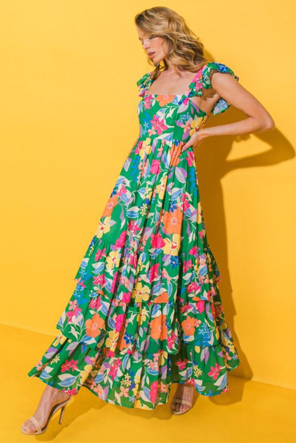 Green Floral Print Sleeveless Ruffle Tiered Maxi Dress For Discount