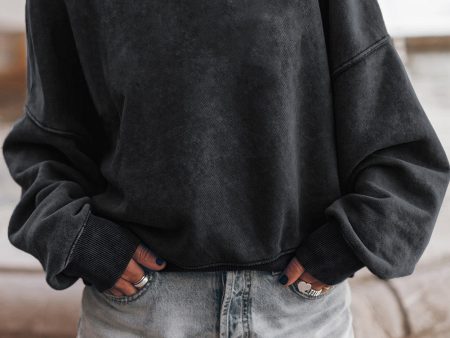 Black Drop Shoulder Crew Neck Pullover Sweatshirt Online now