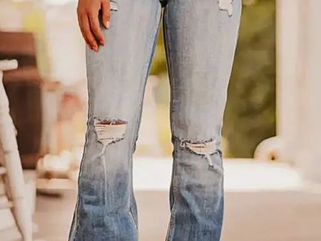 Dusk Blue Vintage Light Wash Ripped Raw Edge Flare Jeans Fashion