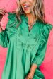 Bright Green Embroidered Ruffled Trim 3 4 Sleeve V Neck Mini Dress Online now