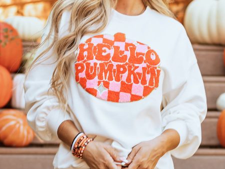 White Terry Halloween Pumpkin Patched Pattern Pullover Sweatshirt For Discount