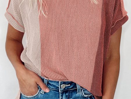 Apricot Pink Textured Colorblock Crew Neck T Shirt For Cheap