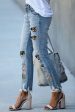 Sky Blue Printed Patch Ripped Skinny Jeans Online Hot Sale