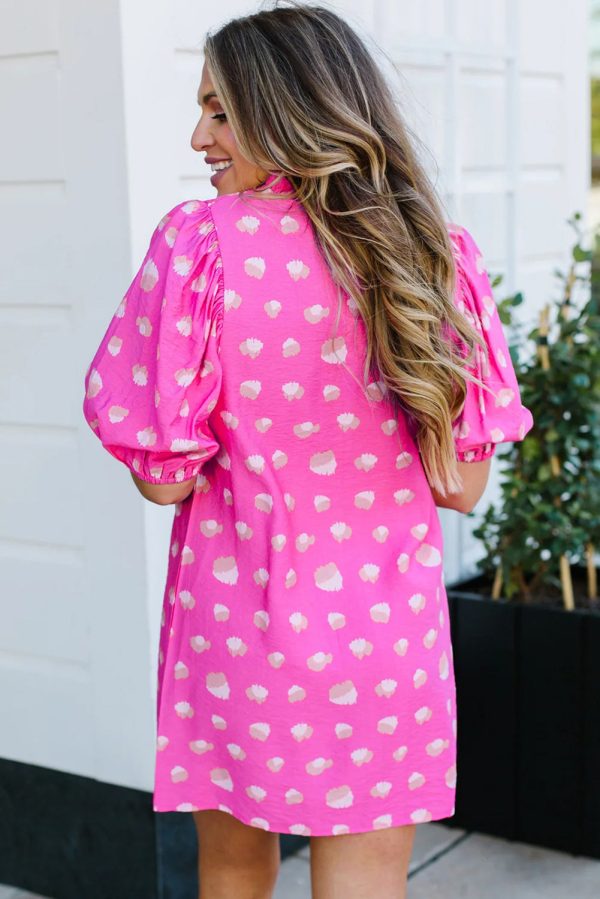 Bright Pink Printed Shirred Yoke Half Puff Sleeve Dress Online Sale