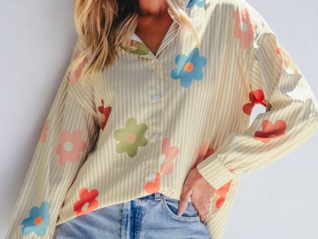 Apricot Stripe Flower Print Collared Button-up Loose Fit Shirt Fashion