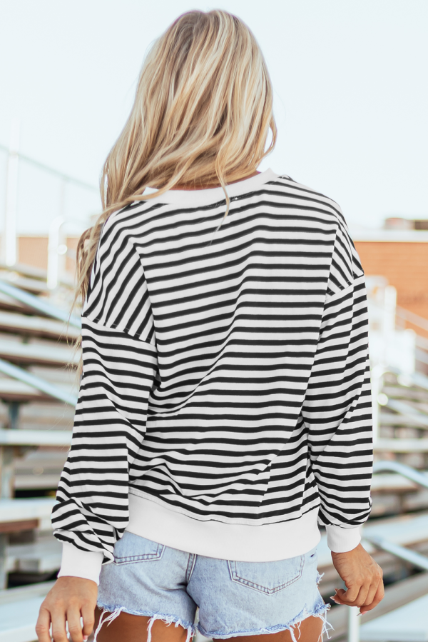 White Stripe Color Block Buttoned Crew Neck Oversized Sweatshirt Cheap