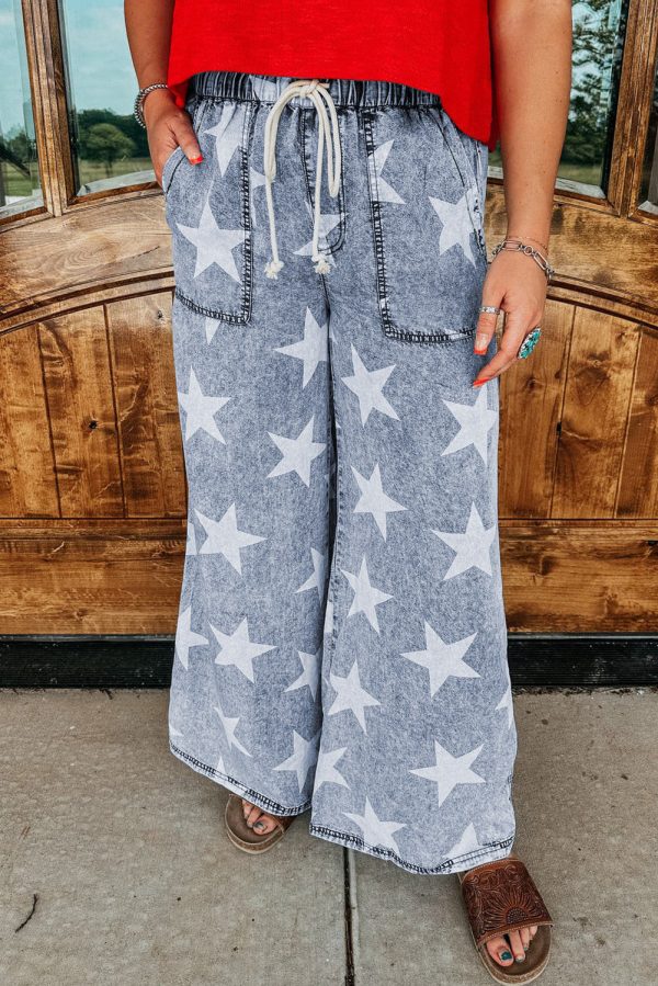 Light Blue Star Print Light Wash Drawstring High Waist Wide Leg Jeans Hot on Sale