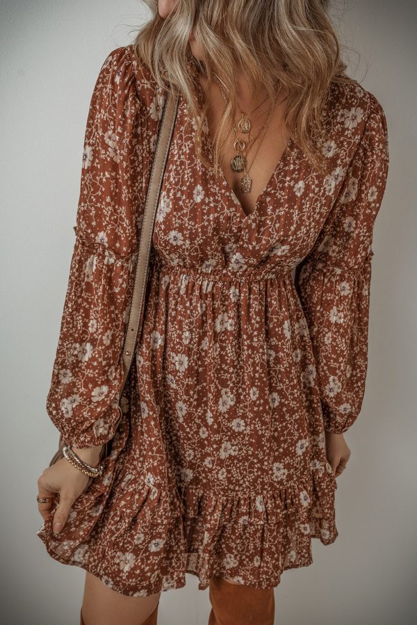 Brown Boho Floral Ruffled Puff Sleeve V Neck Mini Dress Cheap