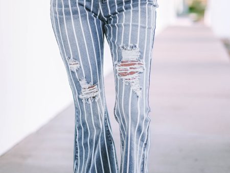 Sky Blue Vertical Striped Ripped Flare Jeans For Discount