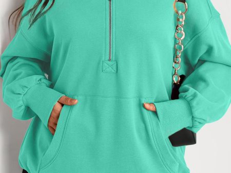 Aruba Blue Solid Kangaroo Pocket Half Zipper Oversized Hoodie on Sale