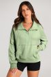 Smoke Green Quarter Zip Stand Neck Kangaroo Pocket Sweatshirt For Discount