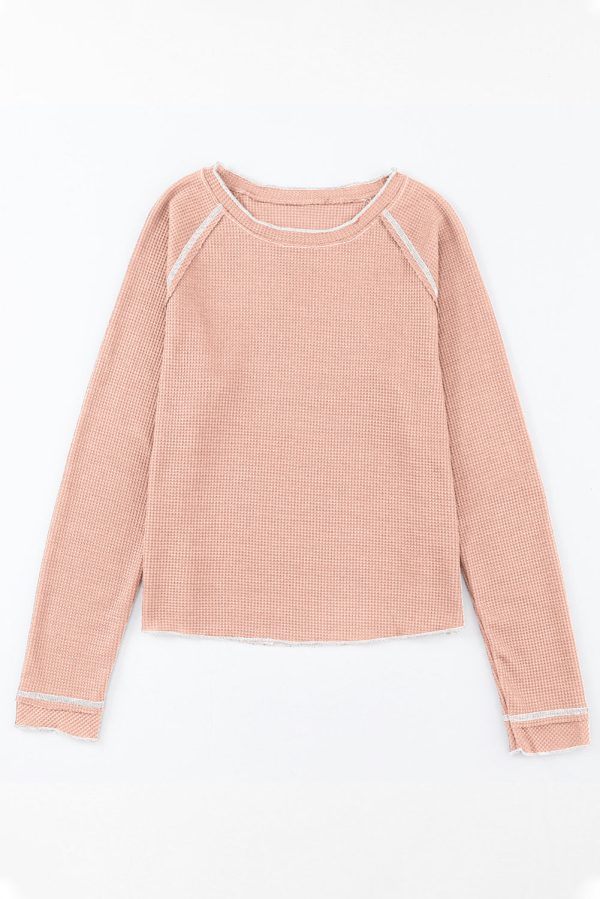 Apricot Pink Textured Round Neck Long Sleeve Top Online now