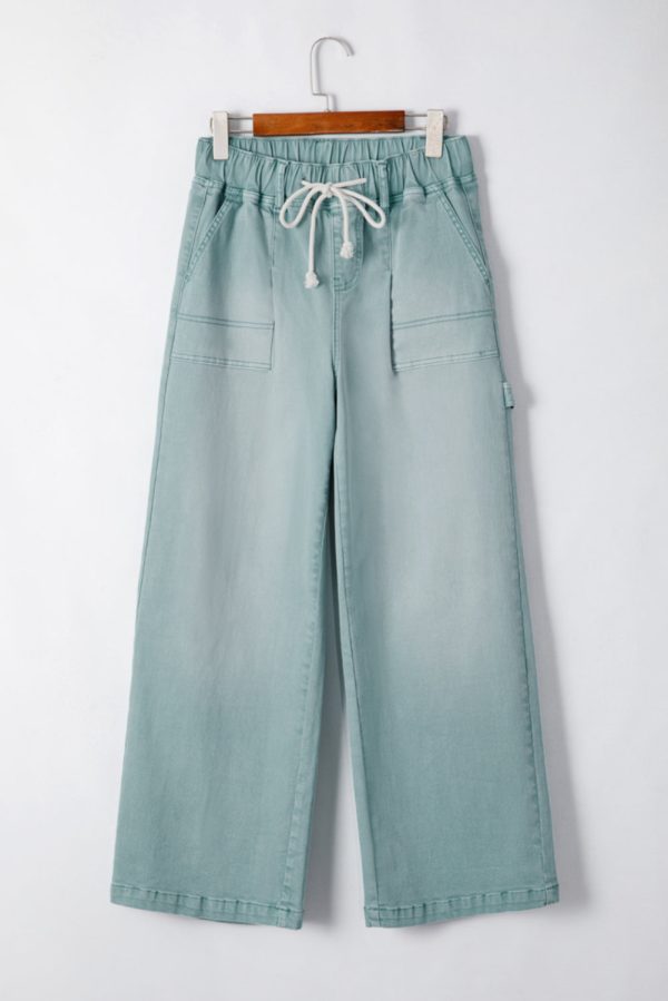 Smoke Green Mineral Wash Drawstring High Waist Wide Leg Jeans Cheap