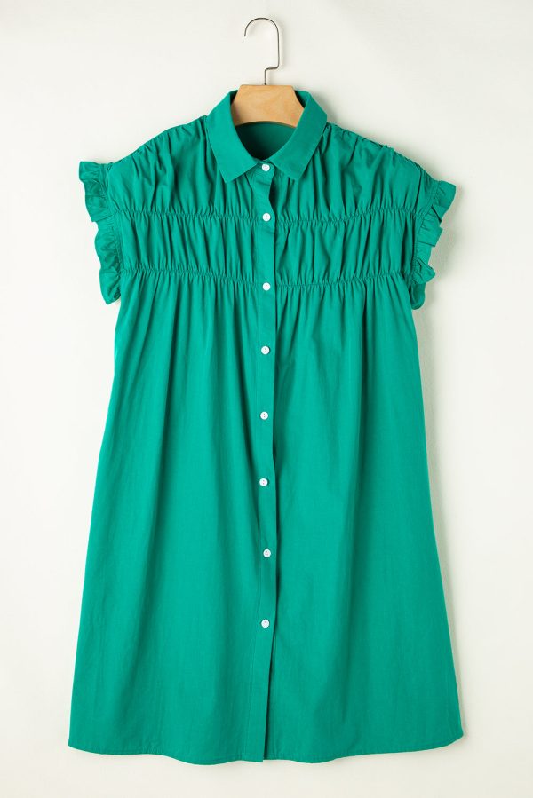 Bright Green Shirred Ruffle Sleeve Button Up Short Dress For Sale