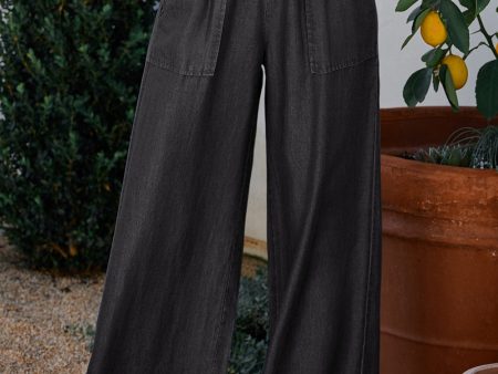 Black Side Pockets Frilled Smocked High Waist Wide Leg Jeans Online