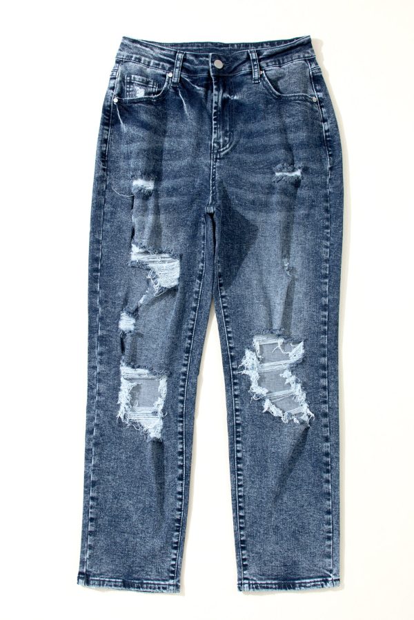 Navy Blue Light Wash Frayed Slim Fit High Waist Jeans Online now