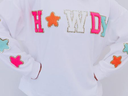 White Howdy Glitter Chenille Patch Graphic Casual Sweatshirt on Sale