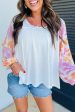 White Tropical Leaf Printed Patchwork Sleeve Round Neck Top on Sale