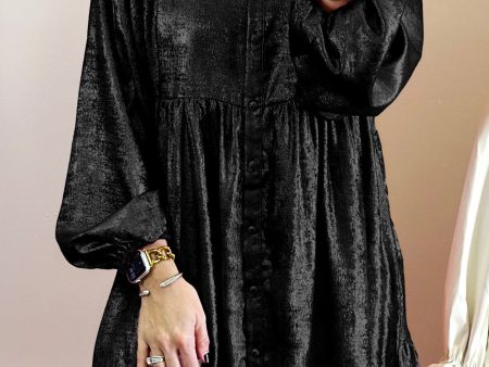 Black Metallic Sheen Puff Sleeve Button Up Mini Shirt Dress For Cheap