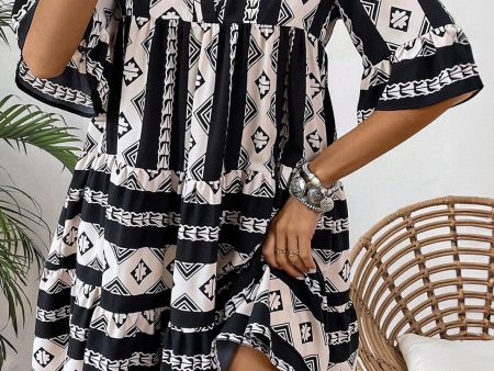 Black Geometric Print V Neck Ruffled Dress Sale