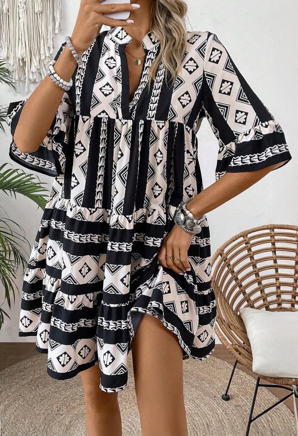 Black Geometric Print V Neck Ruffled Dress Sale